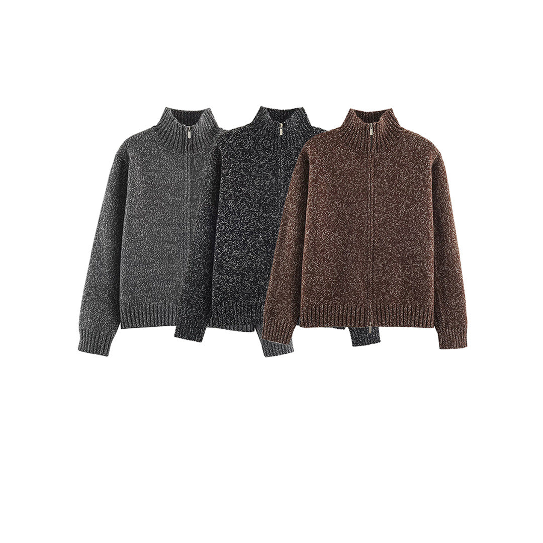 Damen Grobgestrickter Reißverschluss-Pullover mit Stehkragen und geripptem Saum Drune