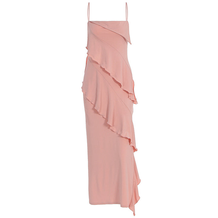 Damen schulterfreies Maxikleid mit asymmetrischem Rüschendesign Drune