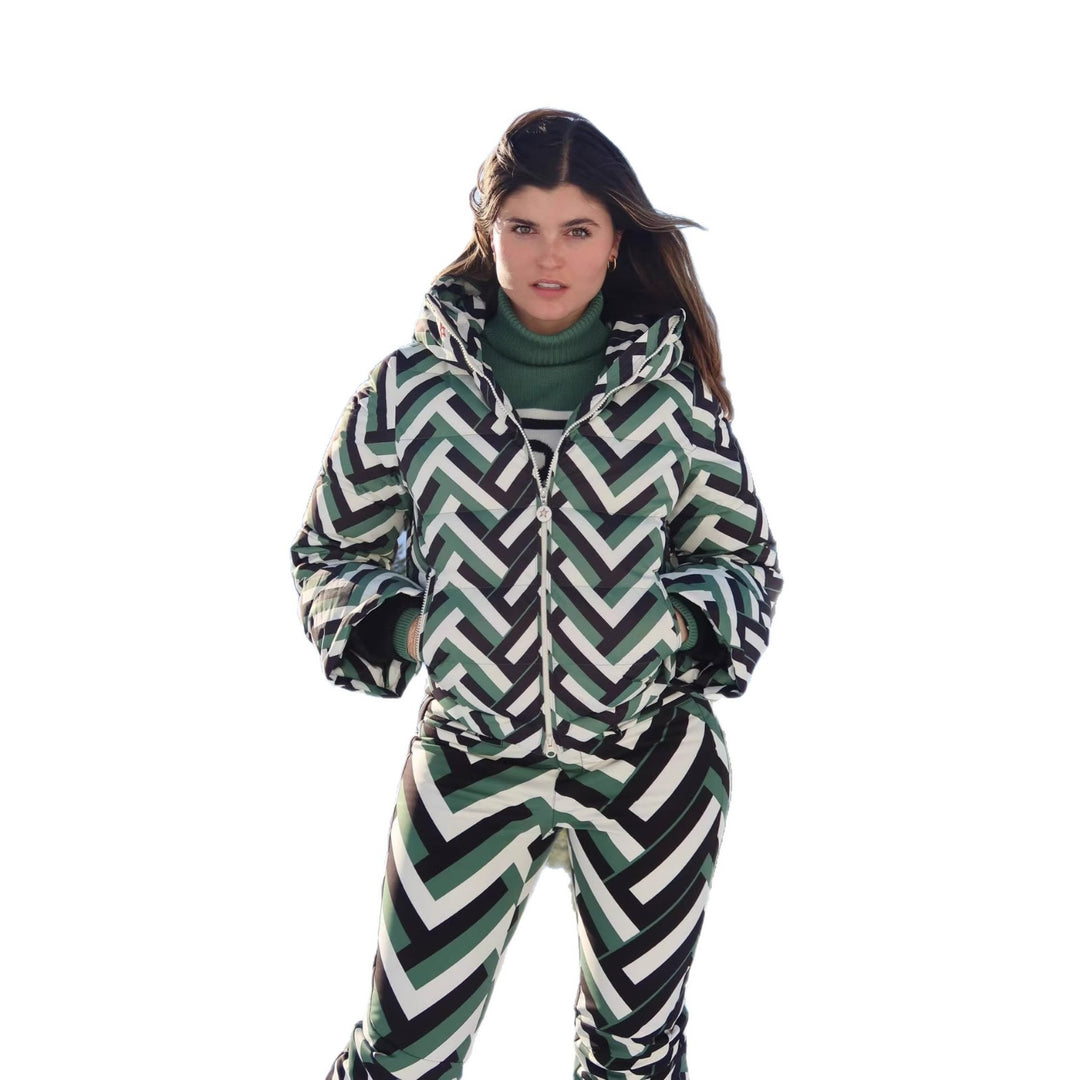 Damen Modische Steppjacke mit Kapuze und auffälligem geometrischem Muster Drune