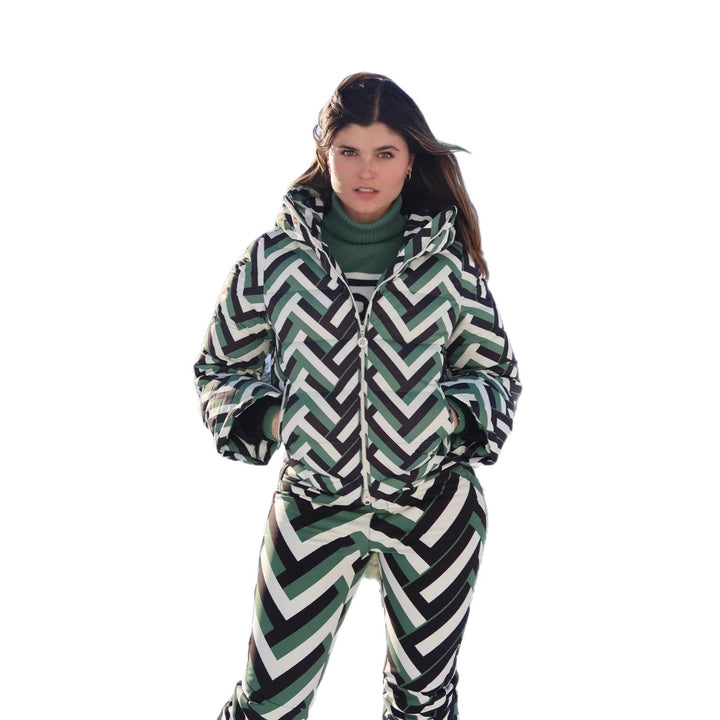 Damen Modische Steppjacke mit Kapuze und auffälligem geometrischem Muster Drune