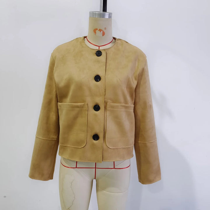 Damen nan kurze Boxy-Jacke aus weichem Wildlederimitat mit Rundhalsausschnitt und aufgesetzten Fronttaschen Drune