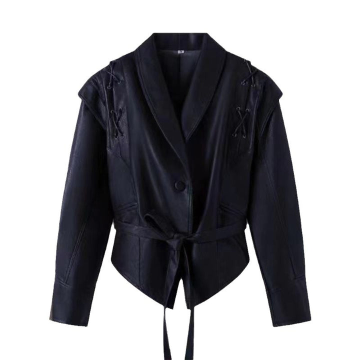 Damen stilvolle Kunstlederjacke mit Drapierung und taillierbarem Gürtel Drune