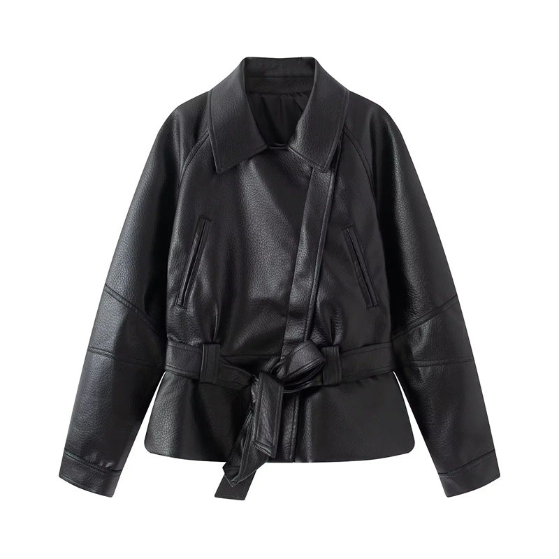 Damen nan taillierte Kunstlederjacke mit Hemdkragen und Bindegürtel Drune