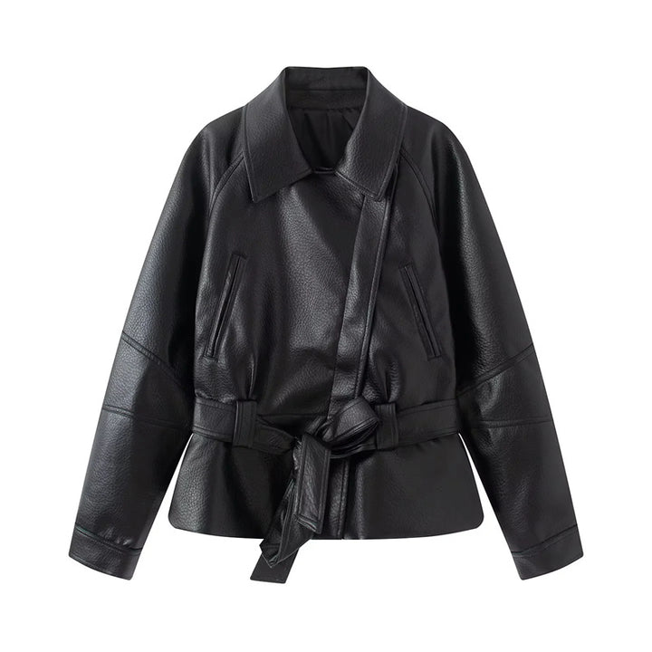 Damen nan taillierte Kunstlederjacke mit Hemdkragen und Bindegürtel Drune