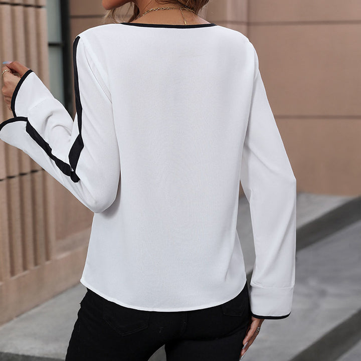Damen Elegante Chiffon-Bluse mit Kontrastpaspel, SchleifenbindDruneand und Trompetenärmeln Drune