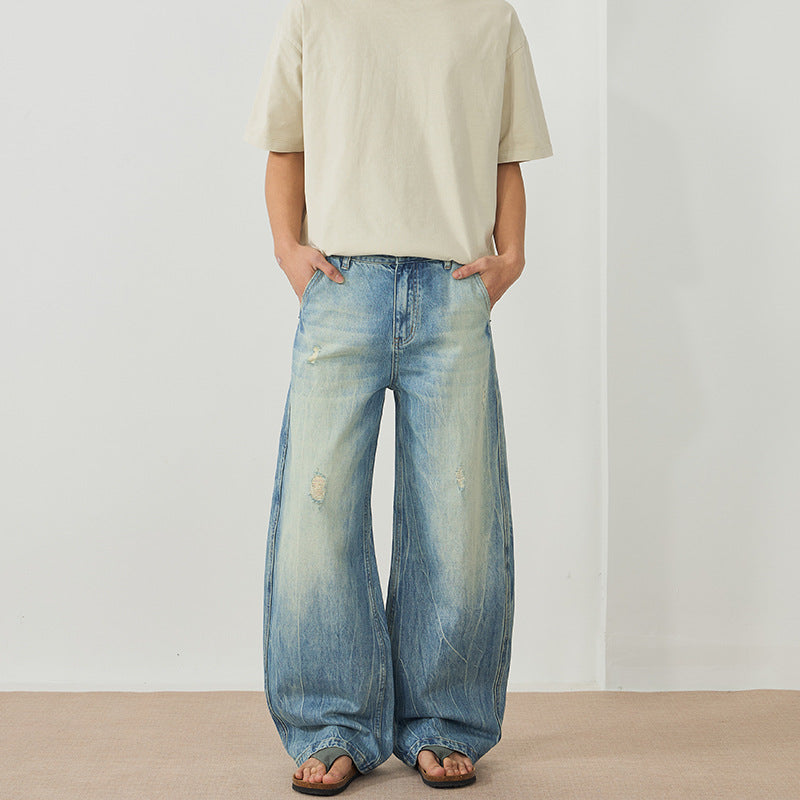 Herren Ultraweite Stonewashed Baggy-Jeans im bodenlangen Palazzoschnitt mit Used‑Effekt Drune
