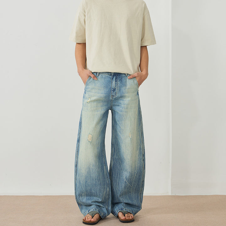 Herren Ultraweite Stonewashed Baggy-Jeans im bodenlangen Palazzoschnitt mit Used‑Effekt Drune