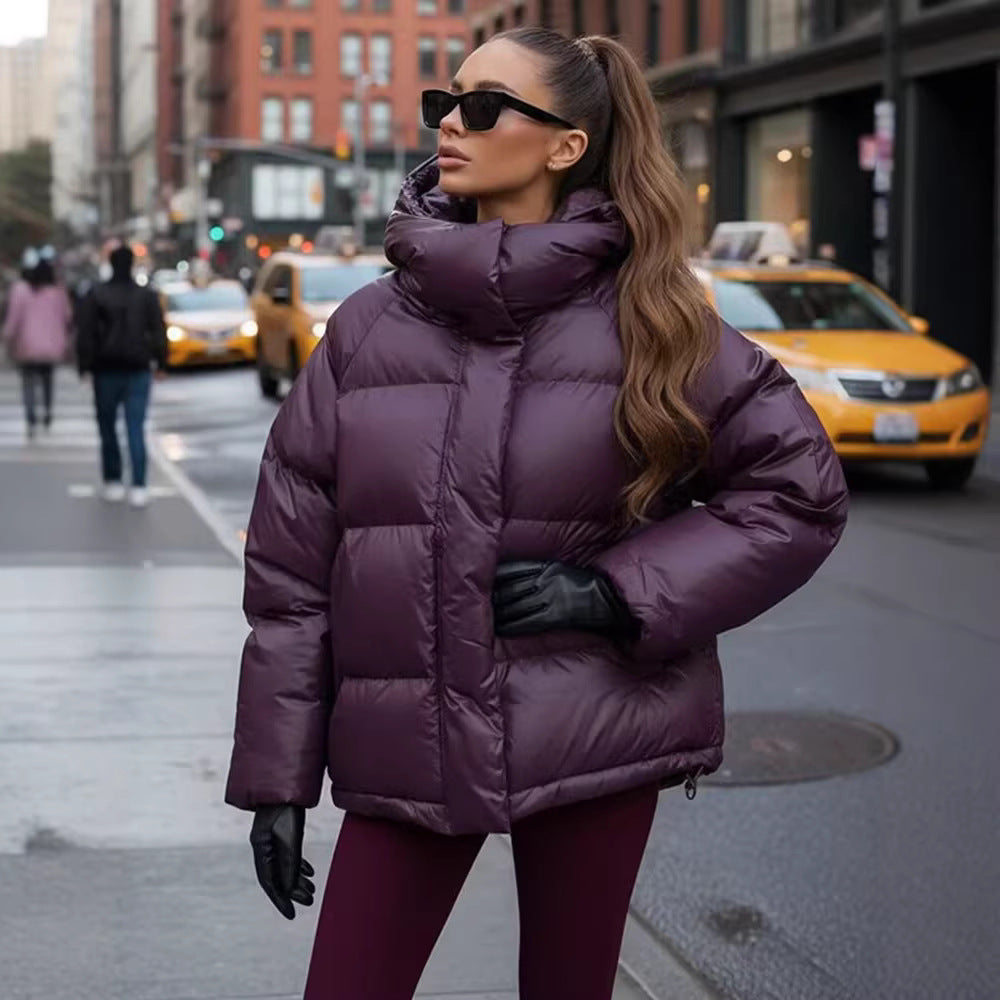 Damen Kurze wattierte Oversize‑Steppjacke mit hohem Stehkragen und Kapuze Drune