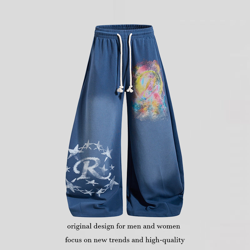 Damen Weite Palazzo-Sweathose mit elastischem Bund, Kordelzug und kreativen Allover-Prints Drune