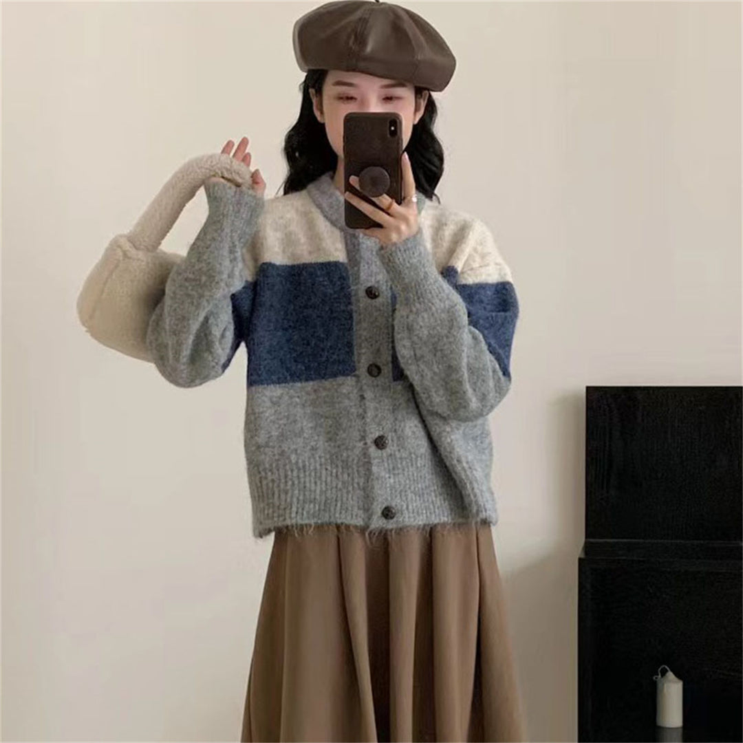 Damen Grobstrickjacke mit knöpfbarem Verschluss und trendigem Farbblockdesign Drune