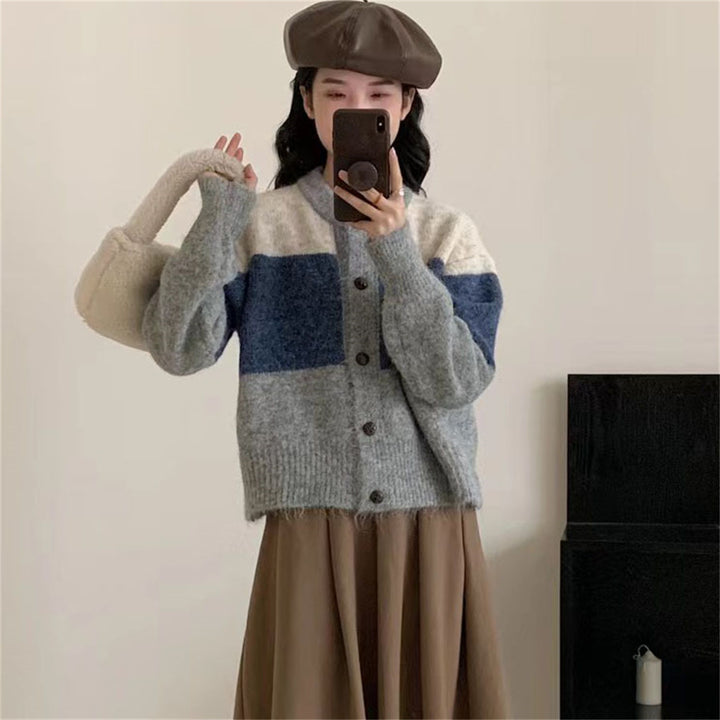 Damen Grobstrickjacke mit knöpfbarem Verschluss und trendigem Farbblockdesign Drune