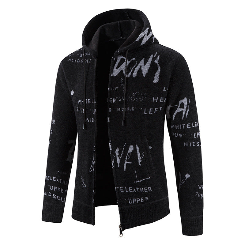 Herren Strick-Kapuzenjacke mit durchgehendem Reißverschluss, grafischem Allover-Print und Eingrifftaschen Drune