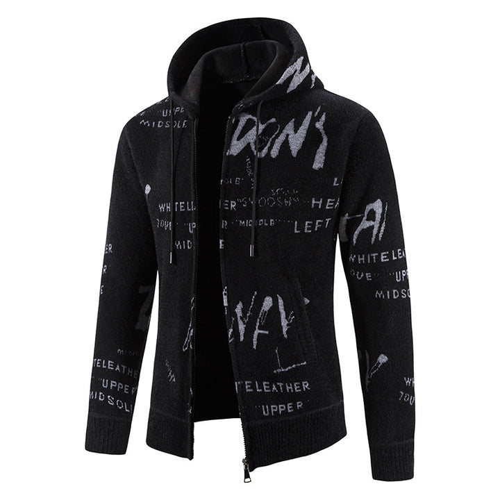 Herren Strick-Kapuzenjacke mit durchgehendem Reißverschluss, grafischem Allover-Print und Eingrifftaschen Drune