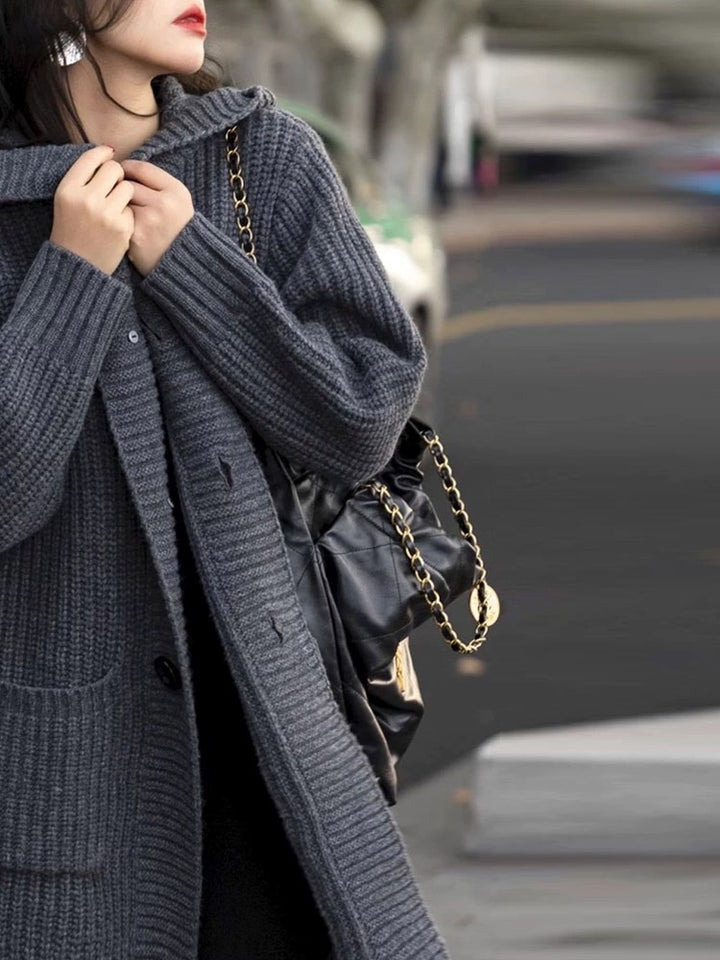 Damen Langer Kapuzen-Cardigan aus grobem Rippstrick mit Eingrifftaschen Drune