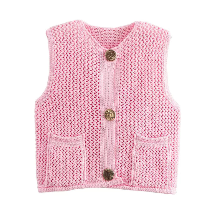 Damen gehäkelte Strickweste mit großen Zierknöpfen und Aufsatztaschen Drune