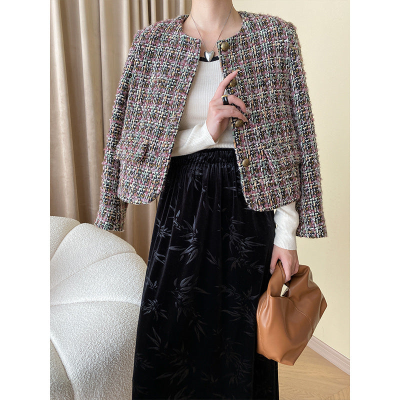 Damen eleganter Boucle-Jacke mit strukturiertem Stoff und Symbolknöpfen Drune