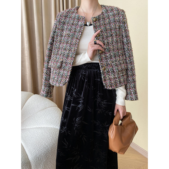 Damen eleganter Boucle-Jacke mit strukturiertem Stoff und Symbolknöpfen Drune