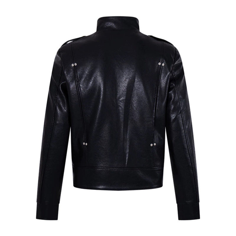 Herren Militärisch inspirierte Kunstlederjacke mit Stehkragen, Zierknopfreihe und Schulterpatten Drune