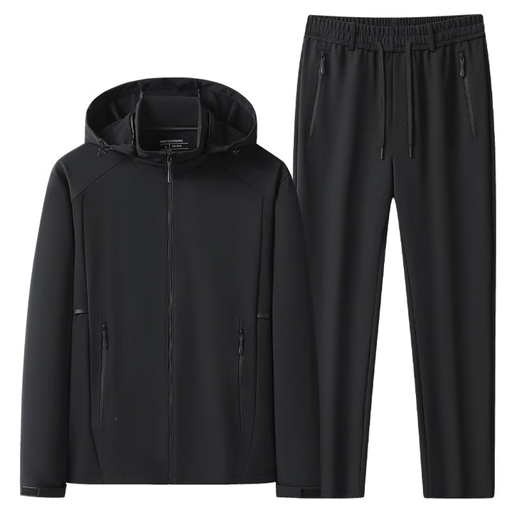 Herren Wetterfester Softshell-Trainingsanzug mit Kapuzen‑Zipjacke, Reißverschluss‑Taschen & konischer Jogginghose Drune