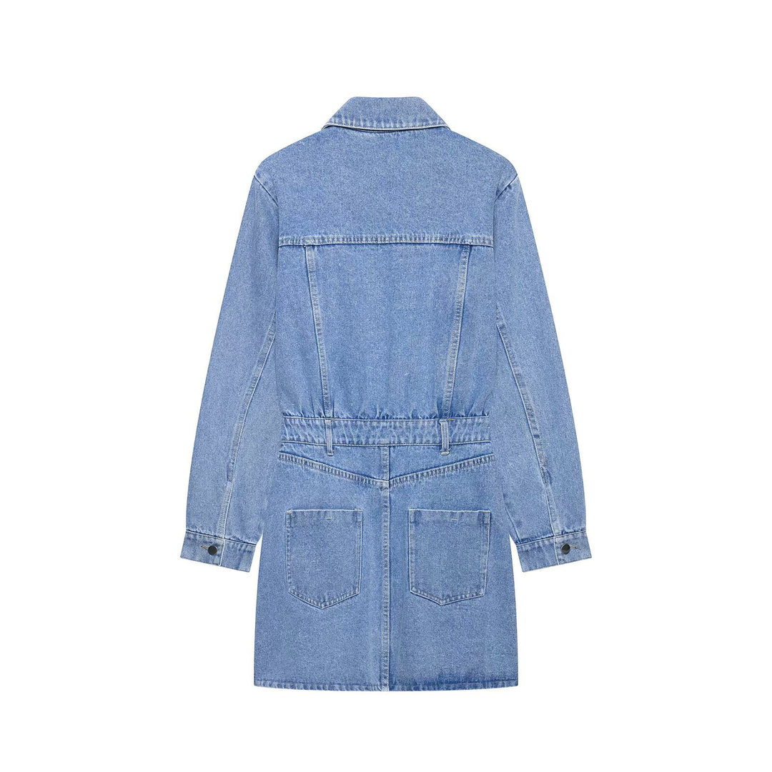 Damen Jeanskleid mit Hemdblusenkragen Taillengürtel und aufgesetzten Taschen Drune
