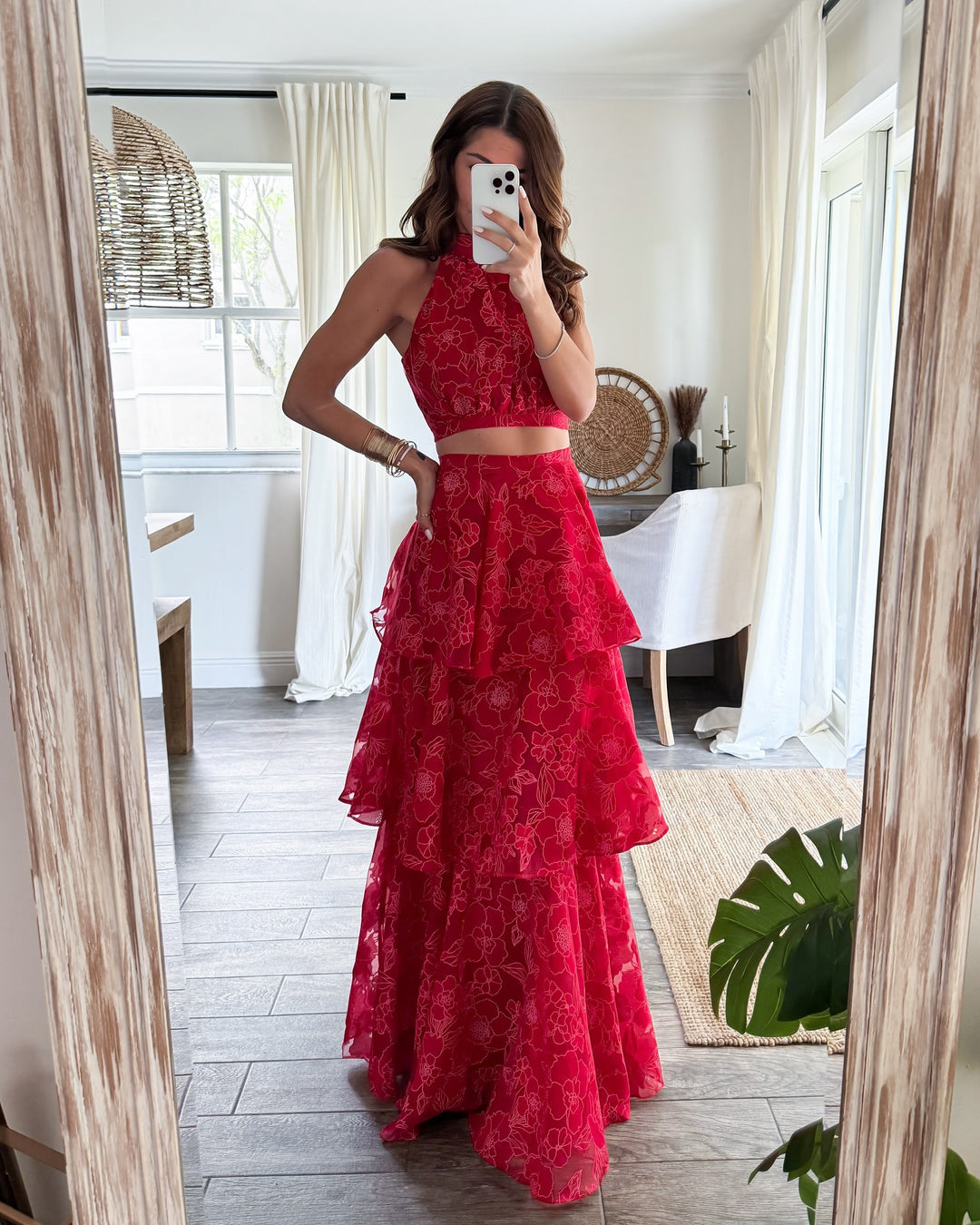 Damen Maxikleid mit floralem Design und Rüschenschichten Drune