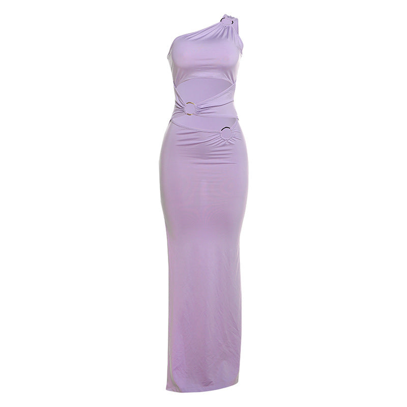 Damen Elegantes One-Shoulder-Maxikleid mit Raffungen und metallischem Detail Drune
