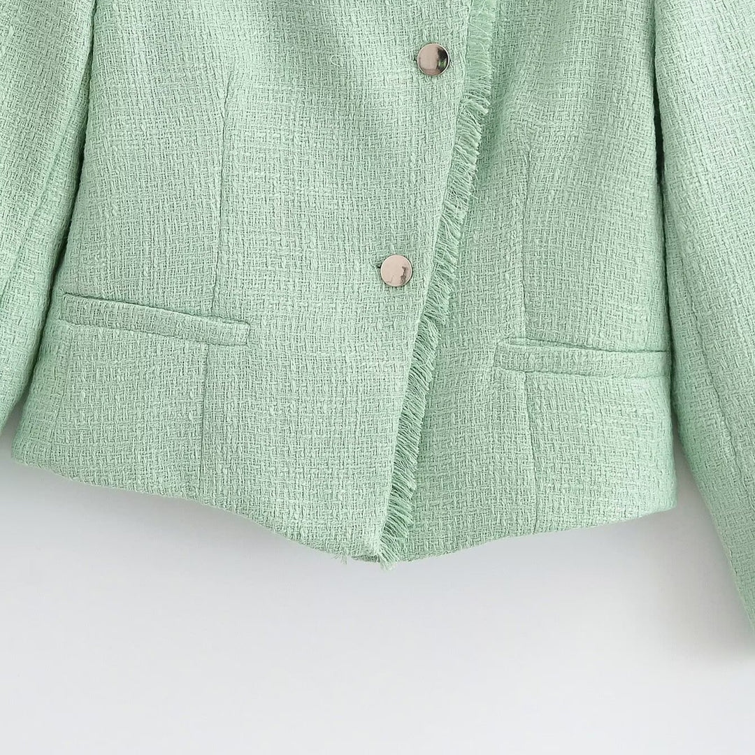 Damen Cropped Bouclé-Blazer mit Fransenabschluss, Stehkragen und Paspeltaschen Drune