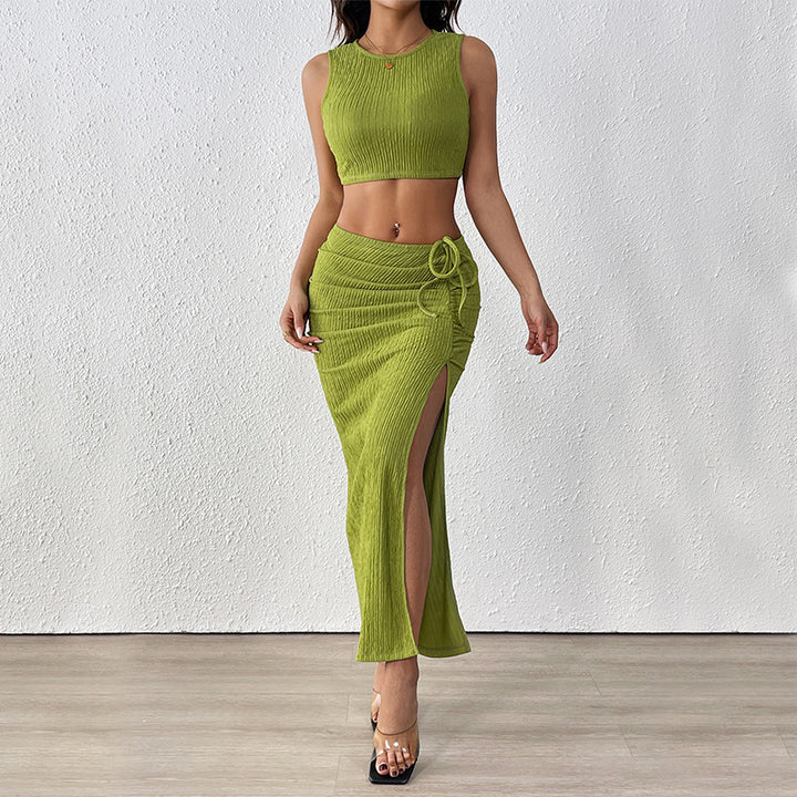 Damen Set aus Crop-Top und Maxirock mit raffinierten Rüschen und seitlichem Schlitz Drune