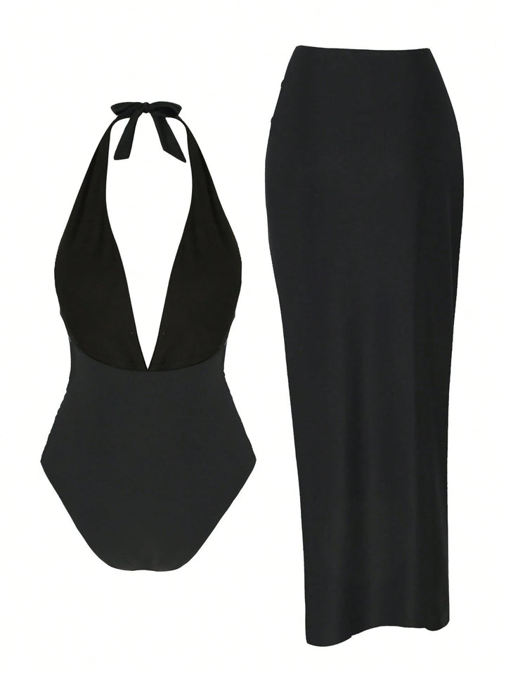 Damen elegantes Maxi-Kleid mit tiefem V-Ausschnitt und goldenen Details Drune