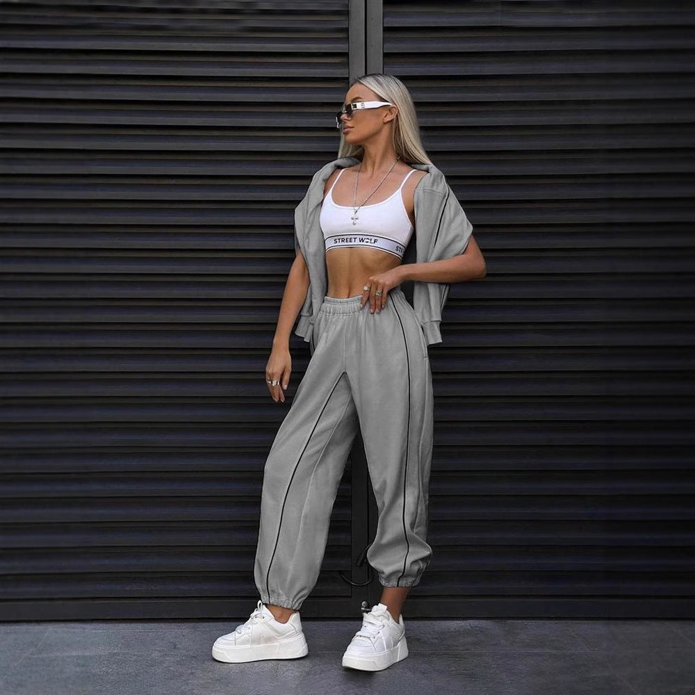 Damen cropped Sweatset mit weitem Arm, hochtaillierter Jogginghose und kontrastpaspeln Drune