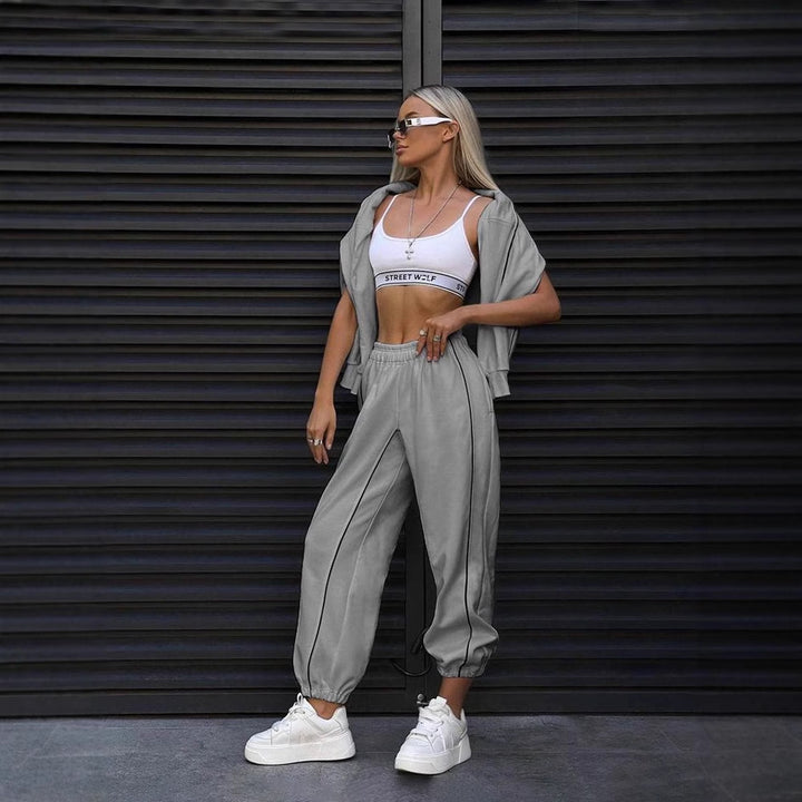 Damen cropped Sweatset mit weitem Arm, hochtaillierter Jogginghose und kontrastpaspeln Drune