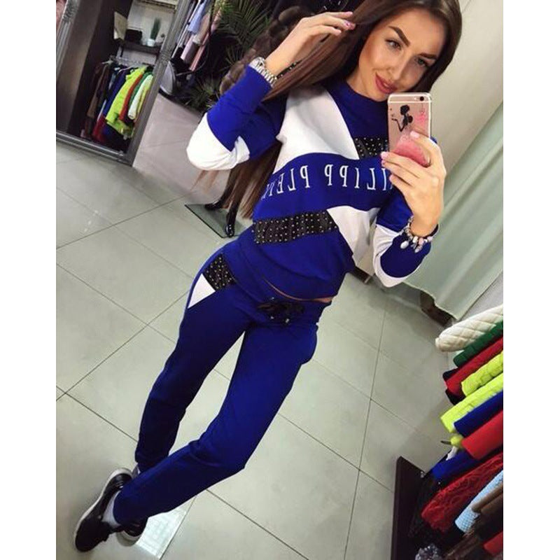Damen Sportliches Jogginganzug-Set mit Nietenbesatz und Colorblock-Design Drune