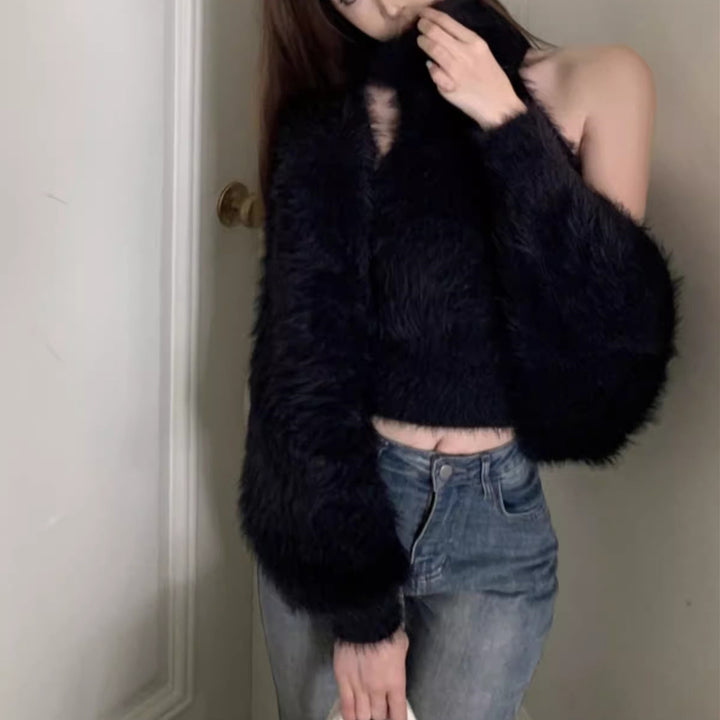 Damen Flauschiger Cropped Pullover mit Stehkragen und Oversize-Ärmeln Drune