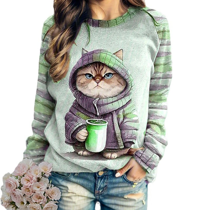 Damen nan lässiges Sweatshirt mit großem Kätzchen-Frontprint und gestreiften Raglanärmeln Drune