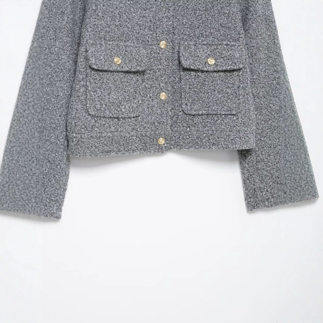 Damen Bouclé-Boxy-Jacke mit goldenen Knöpfen und aufgesetzten Taschen Drune