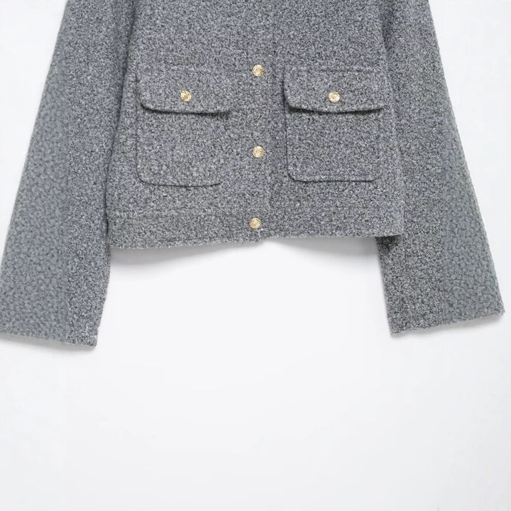 Damen Bouclé-Boxy-Jacke mit goldenen Knöpfen und aufgesetzten Taschen Drune