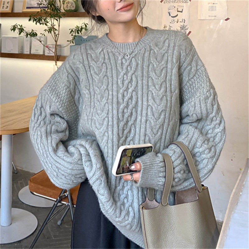 Damen Grobstrickpullover mit Zopfmuster und weitem Schnitt Drune