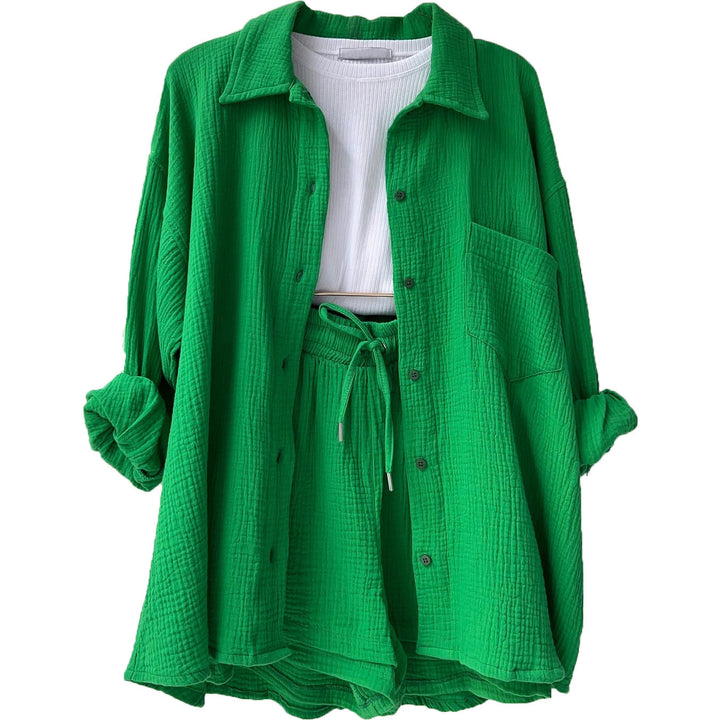 Damen nan lässiges oversized Hemd und Shorts Set mit Brusttasche Kordelbund und gerauter Baumwollstruktur Drune