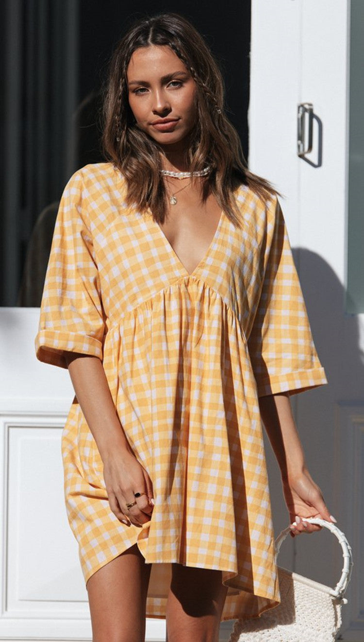 Damen Karomuster Kleid mit V-Ausschnitt und Volant-Details Drune