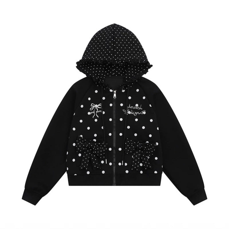 Damen Kapuzen‑Sweatjacke mit Rüschenkapuze, Polka‑Dot‑Muster und Zierschleifen Drune