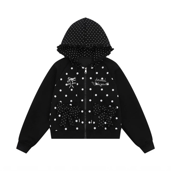 Damen Kapuzen‑Sweatjacke mit Rüschenkapuze, Polka‑Dot‑Muster und Zierschleifen Drune