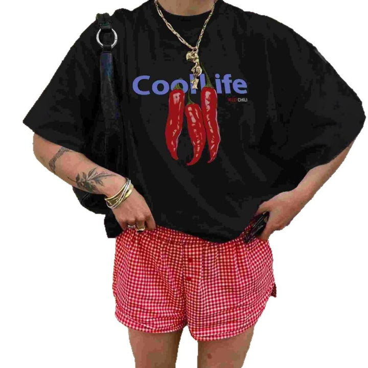 Damen Oversized T-Shirt mit kreativem Chili-Motiv und lässigem Schnitt Drune