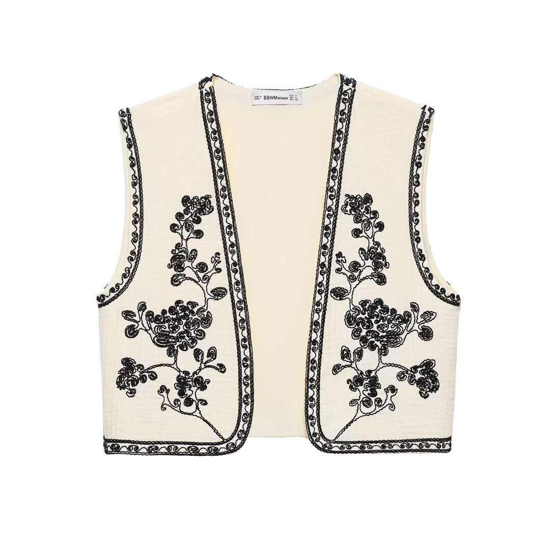 Damen nan leichte bestickte Baumwoll-Weste im Boho-Stil mit V-Ausschnitt und dekorativer Kantenverzierung Drune