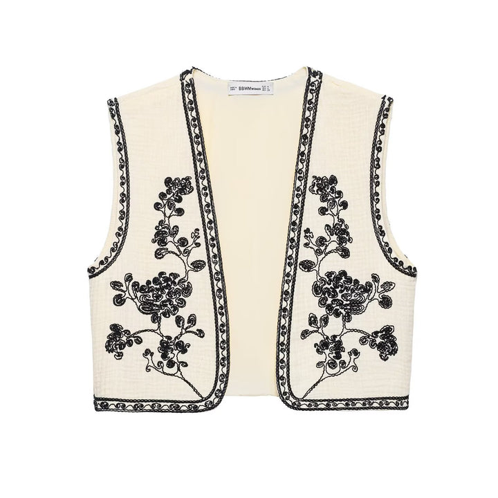 Damen nan leichte bestickte Baumwoll-Weste im Boho-Stil mit V-Ausschnitt und dekorativer Kantenverzierung Drune
