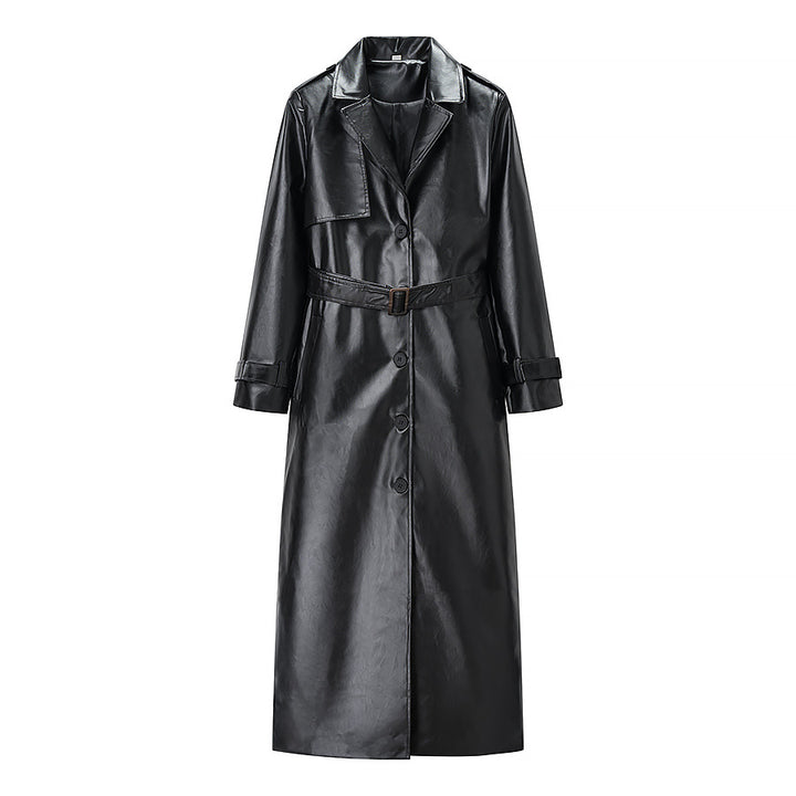 Damen Langer Trenchcoat aus Lederoptik mit Bindegürtel und Epauletten Drune