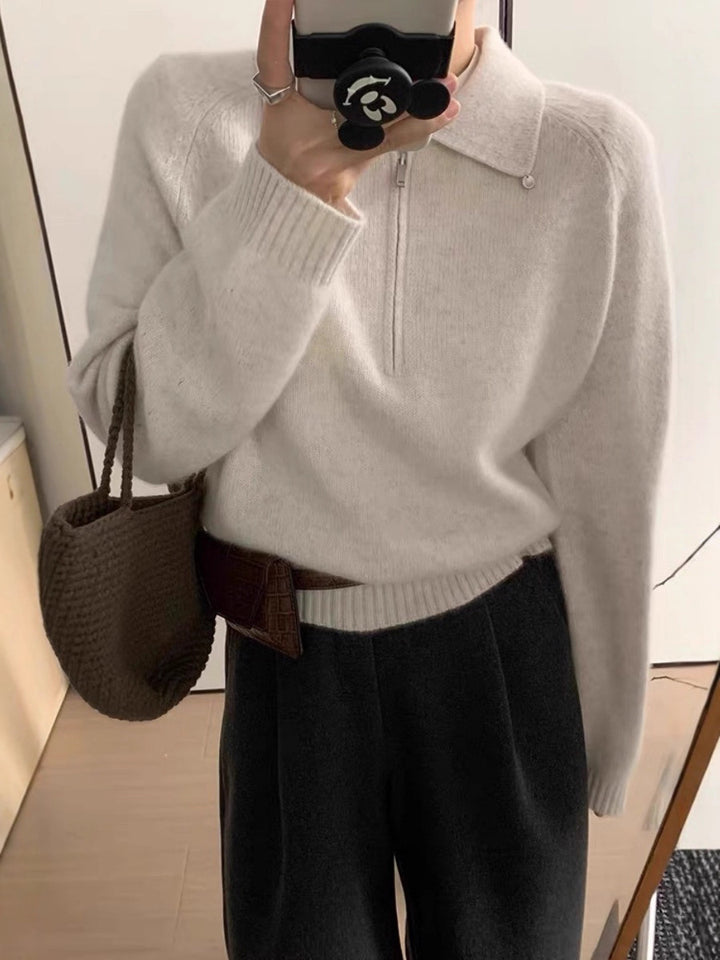 Damen Kurzzip-Polo-Pullover aus flauschigem Wollmix mit kastiger Silhouette Drune