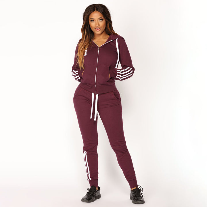 Damen sportliches Zip-Hoodie und Slim-Jogger-Set aus French-Terry mit kontrastierenden Streifen Drune
