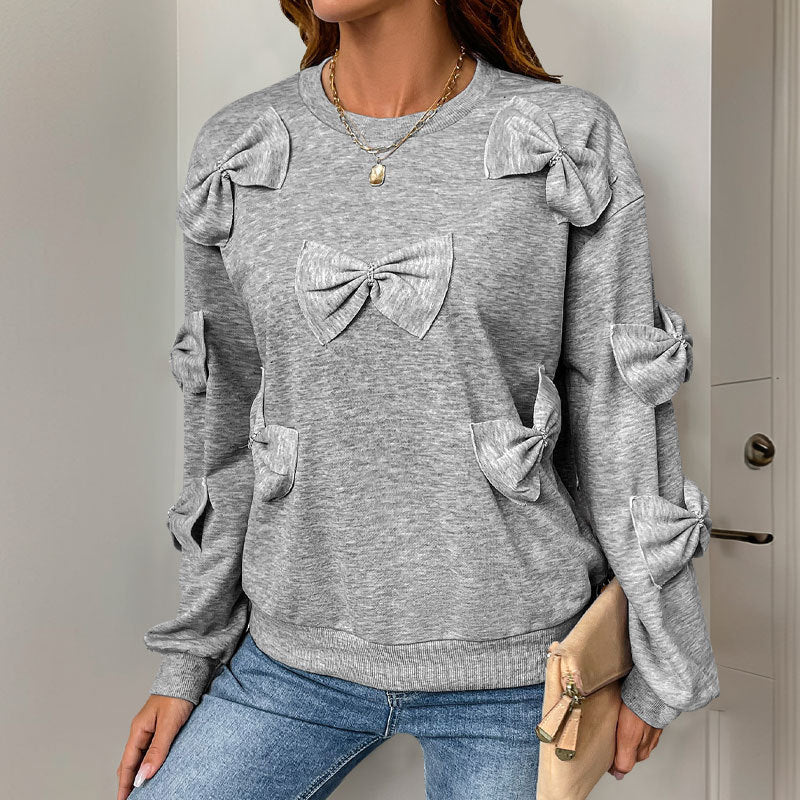 Damen Kuschel-Sweatshirt mit 3D-Schleifenapplikationen, Rundhals & Rippbündchen Drune