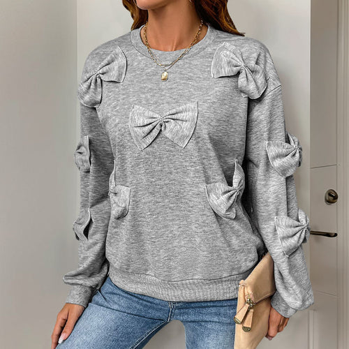 Damen Kuschel-Sweatshirt mit 3D-Schleifenapplikationen, Rundhals & Rippbündchen Drune