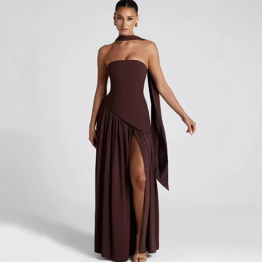 Damen Bodenlanges Maxikleid mit schulterfreiem Design und elegantem Schlitz Drune